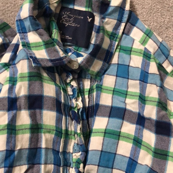 Button down light flannel shirt. blue and green and white! ruffle on but… - Picture 6 of 7